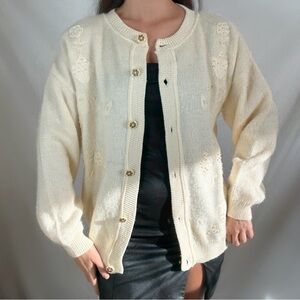 Vintage cream embroidered beaded pearl button up cardigan sweater large womens